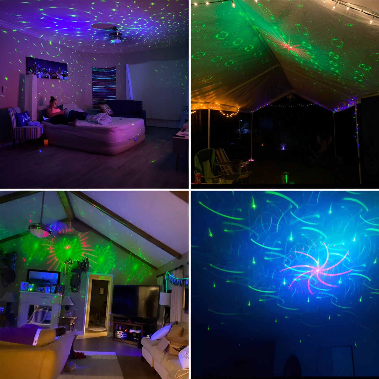 New Upgraded & Aurora Effect New Upgraded 3-IN-1 Aurora & LED pretty bright party light, equipped with unique polar lighting effect, a total of 60 combinations patterns, 7 colors LED backgrounds (red, green, blue, red & green, red & blue, blue & green, red & green & blue), and 2 beam combinations(red, green), creating a more vivid and dynamic atmosphere with multi-effect and high definition projection quality combination.