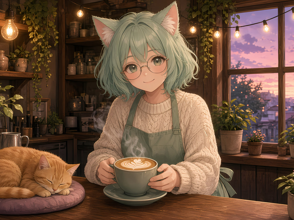 Corner Café Cat anime-style wall art