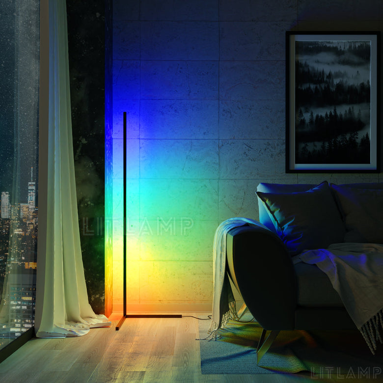 LED corner lamp in rainbow mode in a living room