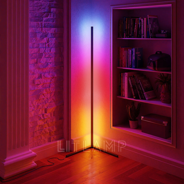 LED corner lamp glowing purple and orange beside a bookshelf