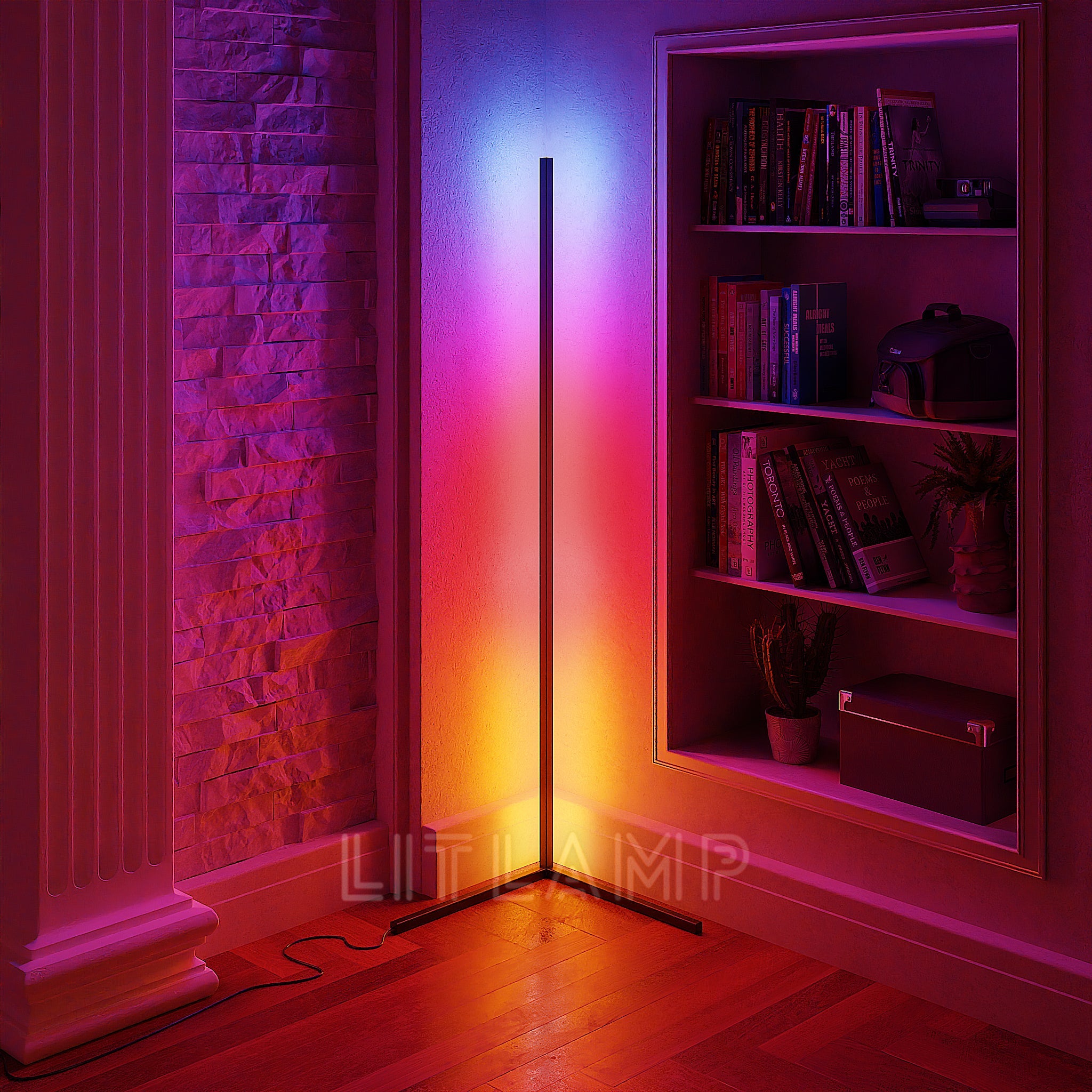 LED corner lamp glowing purple and orange beside a bookshelf