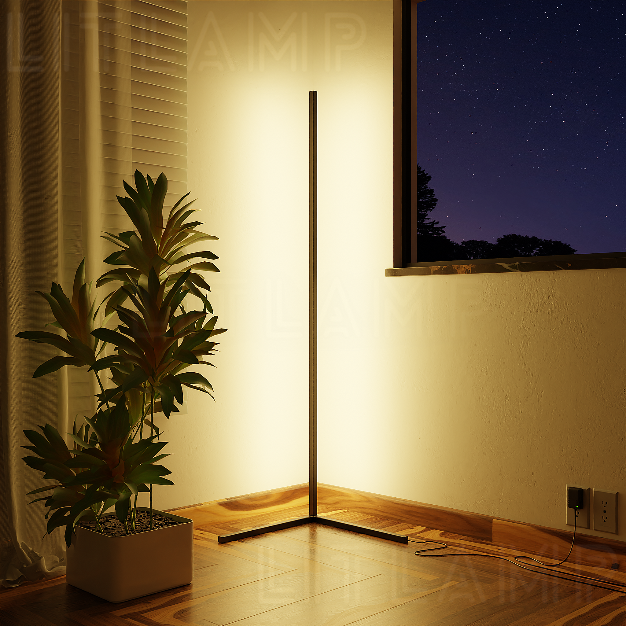 Warm white LED corner lamp in a living room corner