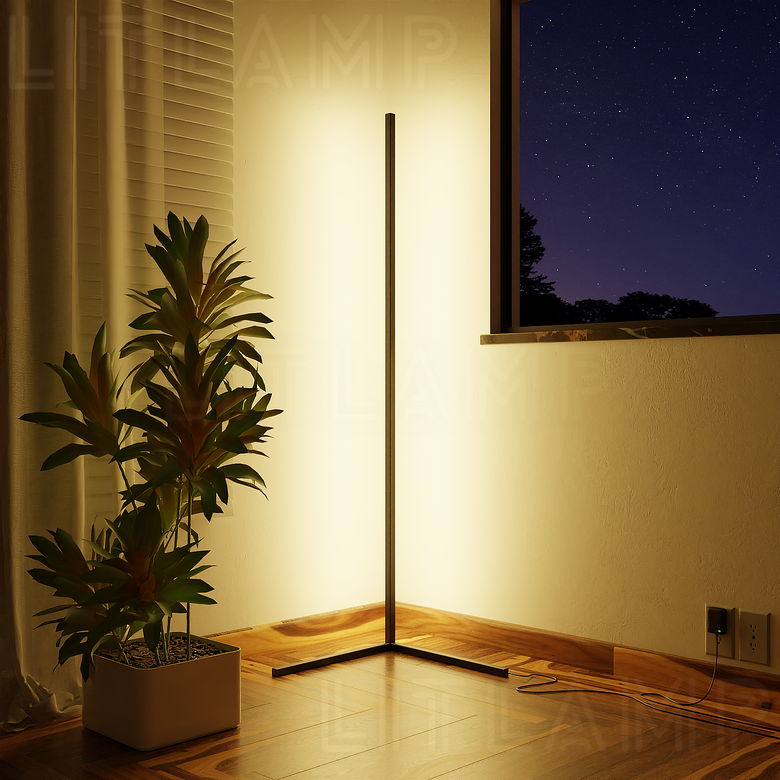 Warm white LED corner lamp in a living room corner