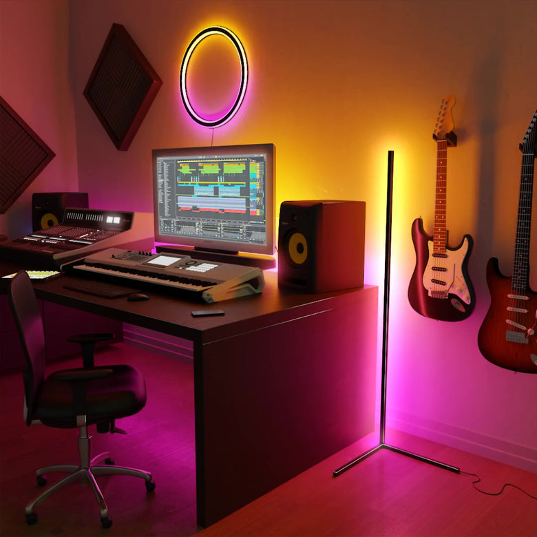 LED corner lamp lighting a music studio in sunset orange