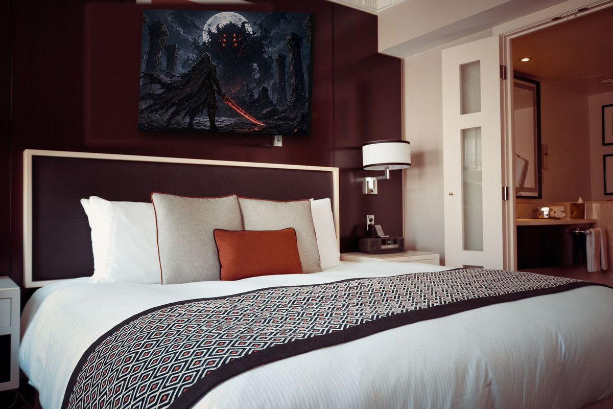 Crimson Hunter dark fantasy anime canvas wall art above a bed on a dark wood bedroom wall