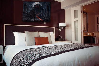 Crimson Hunter dark fantasy anime canvas wall art above a bed on a dark wood bedroom wall