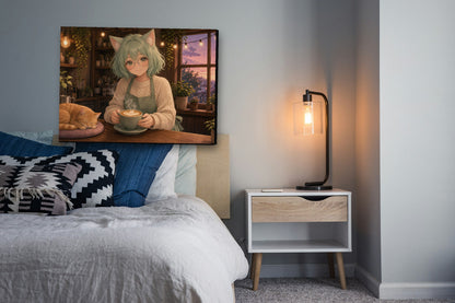 Corner Cafe Cat kawaii anime canvas wall art above a bed in a cozy bedroom