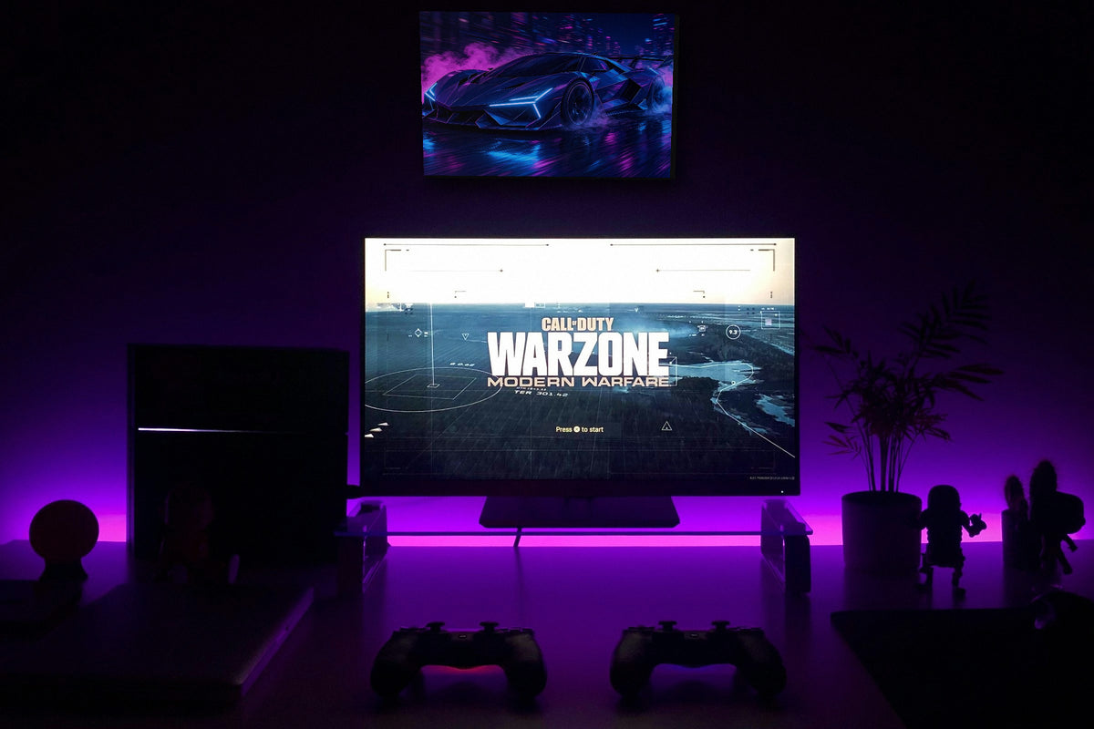 Midnight Drift neon street racing canvas wall art above an RGB gaming desk monitor