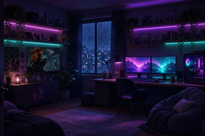 Neon Netrunner anime cyberpunk canvas wall art hung in an RGB gaming setup room