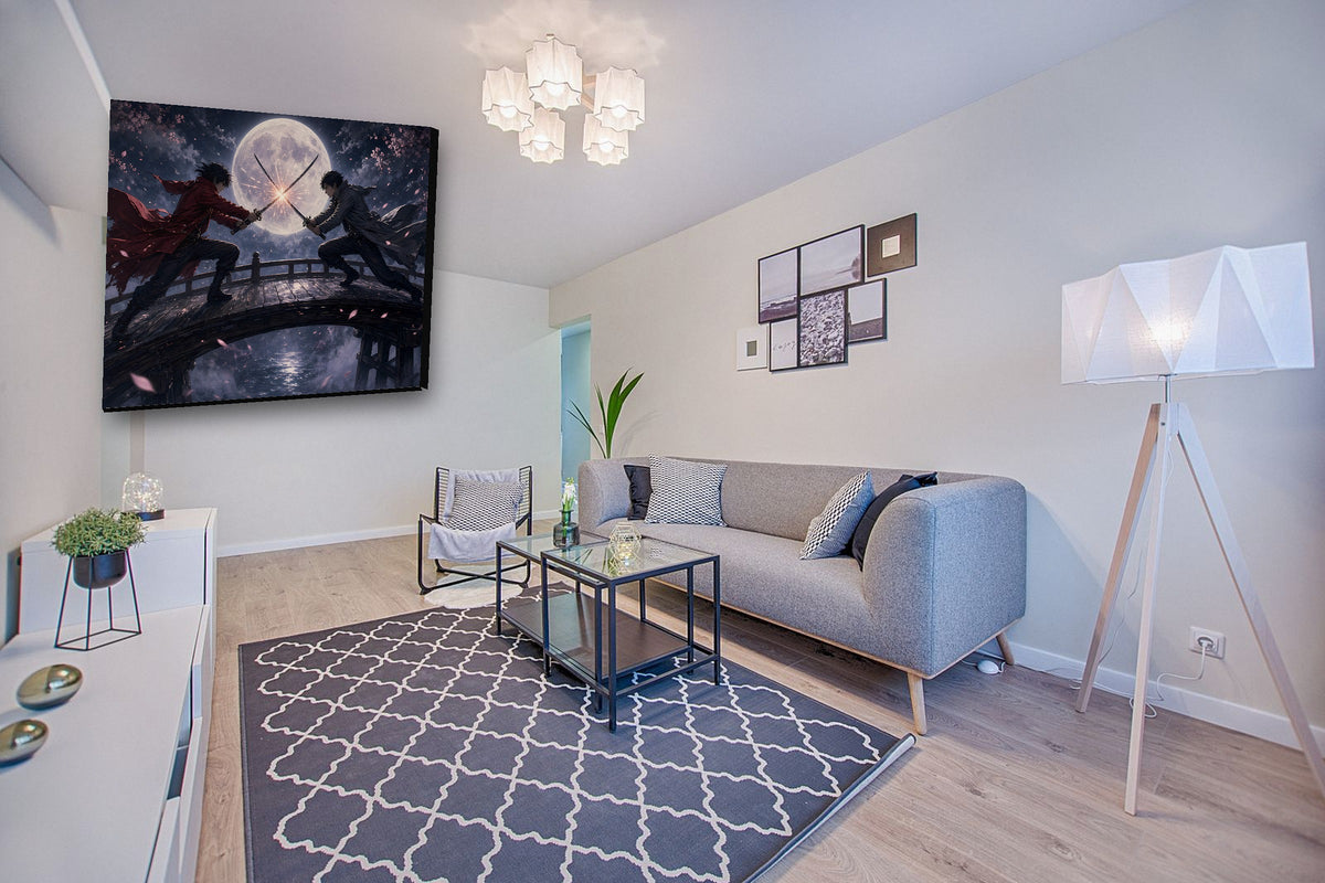 Moonlit Duel anime samurai canvas wall art on an empty living-room wall above a console
